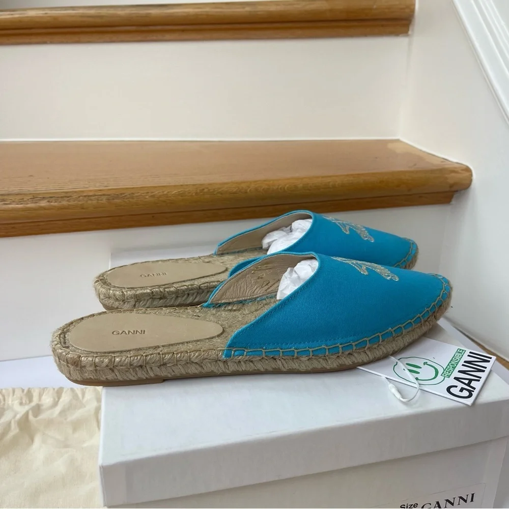NWT Ganni embroidered espadrilles canvas aqua blue Aquarius starfish slippers